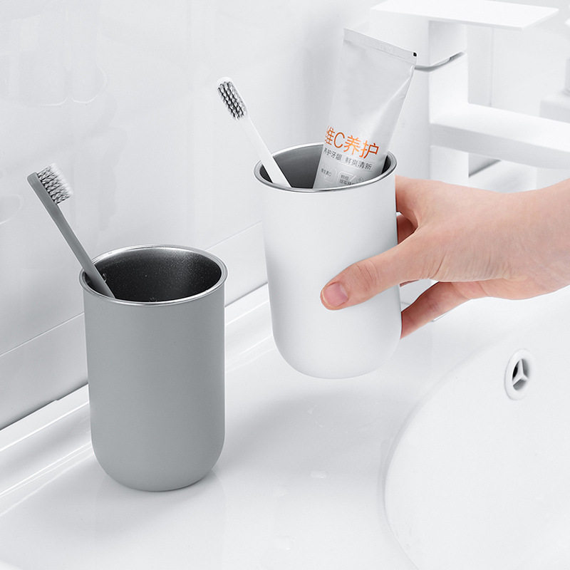 日系漱口杯刷牙洗漱杯子情侣家用双层隔热牛奶杯咖啡杯水杯不锈钢