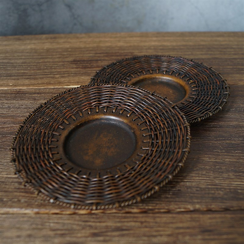 厂价苏工手工紫铜茶盘杯托盖托盖置竹编镂空茶托壶承隔热茶道摆件