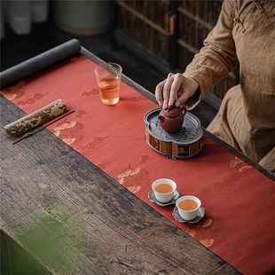 简约中国风轻奢长条桌旗棉麻 云松织锦麂皮g绒茶席禅意布艺新中式