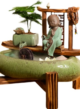 招财循环流水摆件水风轮中式家居鱼缸办公室桌面水景开业乔迁礼品