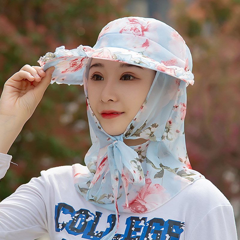 新款采茶帽木耳花边防晒帽子下地干活护脸护颈男女骑车防风遮阳帽