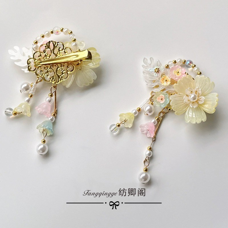 儿童汉服发饰手工琉璃粉色蓝色羽毛发夹铃铛流苏扇子女童珍珠对夹