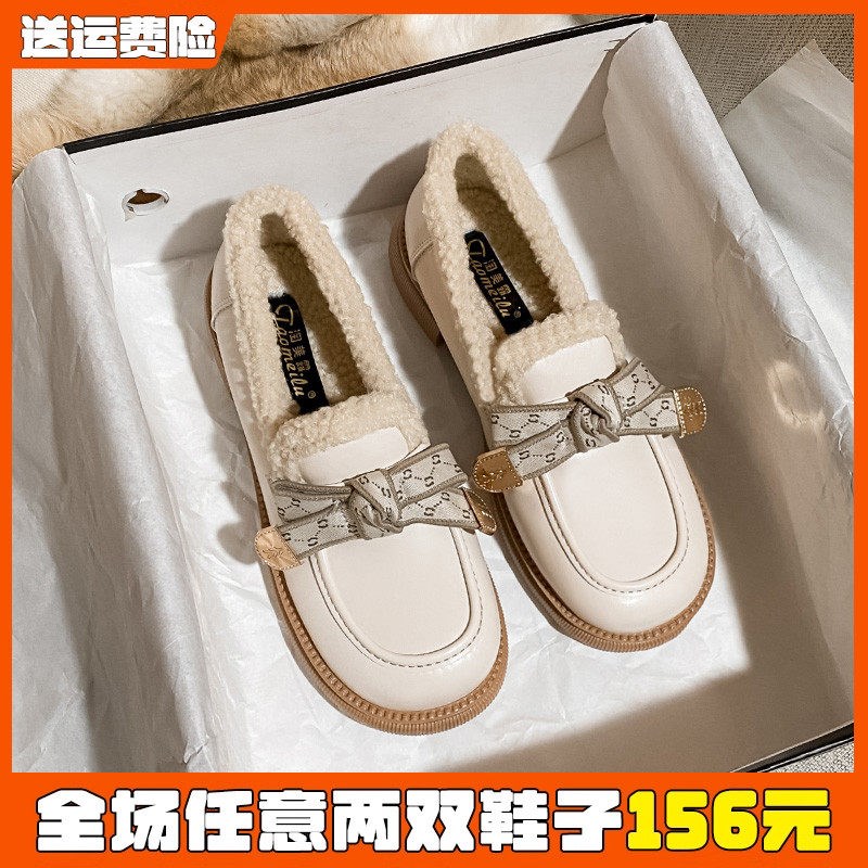 乐福鞋女冬季加绒百搭白色蝴蝶结小皮鞋一脚蹬棉鞋大码V女鞋41到4