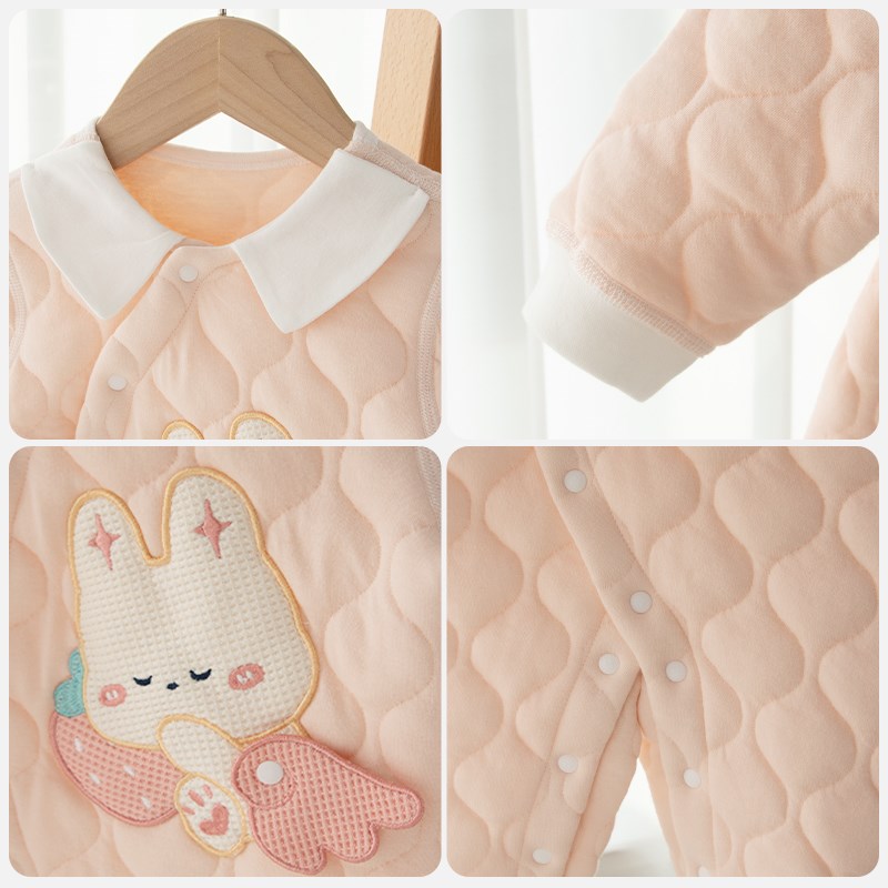 婴蓓依婴儿连体衣秋冬款宝宝保暖夹棉哈衣刺绣卡通无骨2024新款