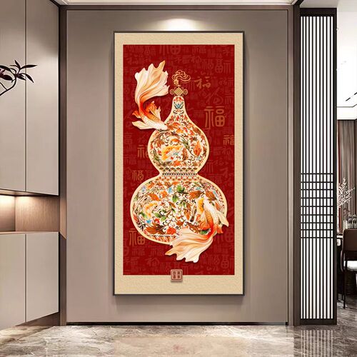 新中式葫芦挂画福禄吉祥图客厅走廊过道壁画晶瓷画入户玄关装饰画