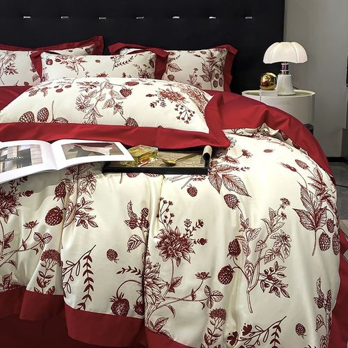 2025新款婚庆大红色100支长绒棉四件套全棉纯棉印花结婚床上用品4