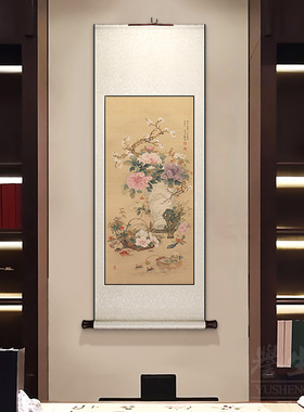 明清古画岁朝图中式卷轴挂画竖版饭厅书房装饰画玄关走廊过道壁画