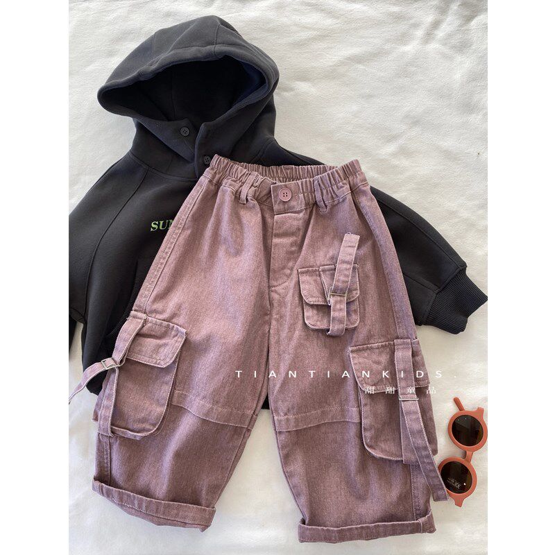 【我是小童】韩版纯棉多口袋工装裤男童秋女宝百搭长裤宽松直筒裤