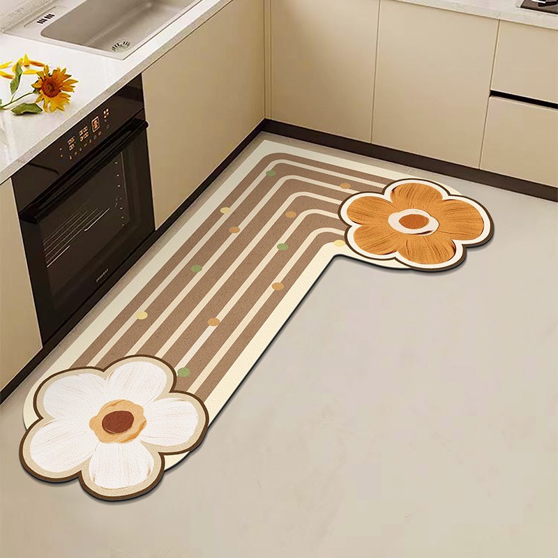 清新花卉厨房地垫L型一体防水防滑垫子可擦免洗可裁剪定制PVC脚垫