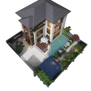 庭院设计效果图中式别墅鸟瞰图制作景观施工园林露台院子花园布置