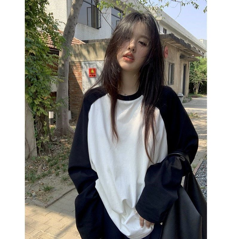 早秋新款韩版宽松撞色拼接插肩长袖T恤女休闲圆领中长款打底