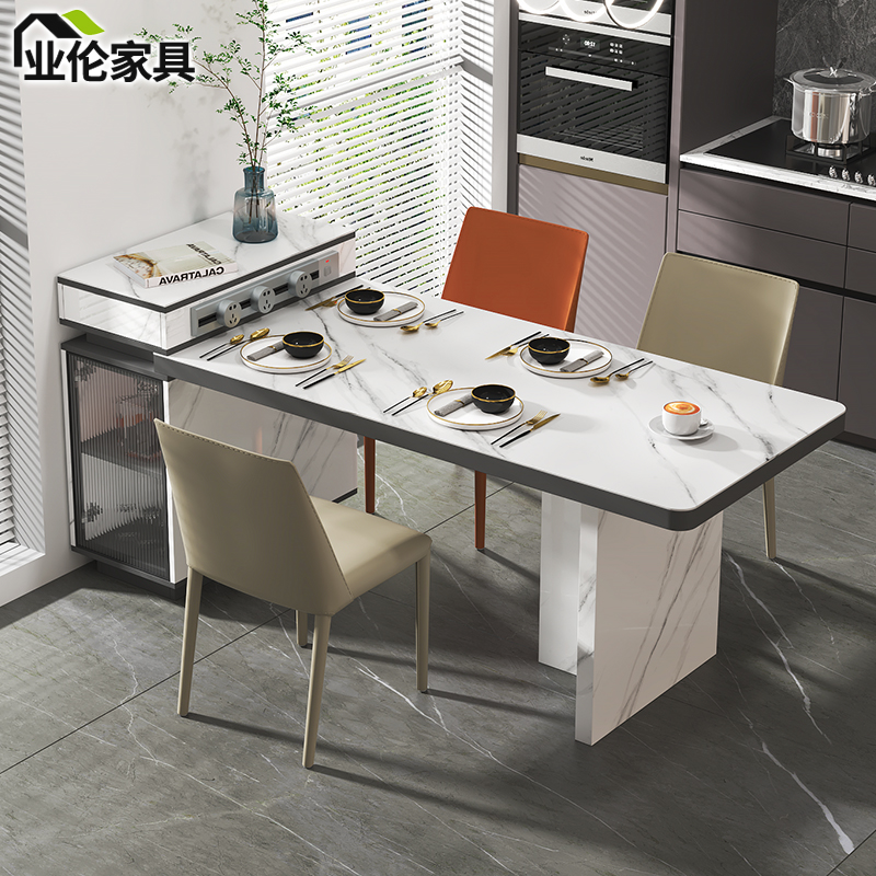 意式岩板中岛台餐桌一体收纳多功能开放式厨房吧台家用小户型3E14