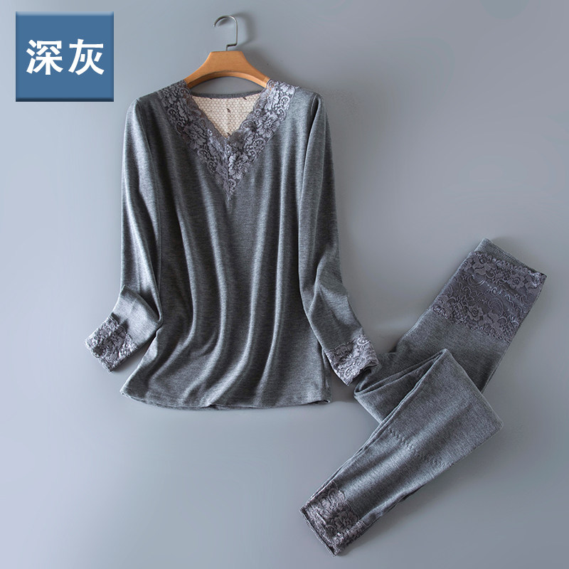 新款女士蕾丝花边保暖内衣加厚加绒秋衣秋裤大码V领线衣线裤套装