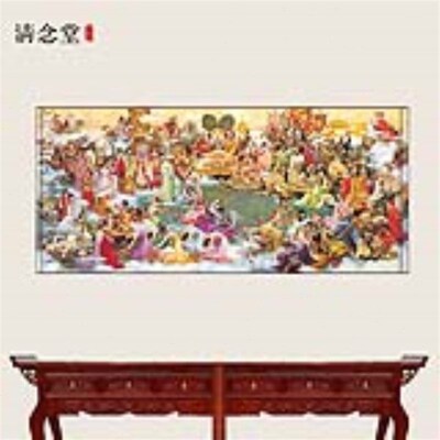 瑶池仙会图 王母娘娘群仙图 y横幅画横批客厅装饰画丝绸画卷轴挂