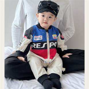 男宝秋装超韩洋气婴儿服帅气时髦婴幼儿机车服连体衣潮酷外出爬服