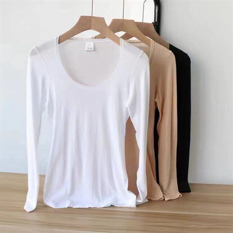超薄打底衫精梳棉~极简款大圆领长袖内搭婴儿棉薄棉透T恤春秋女士
