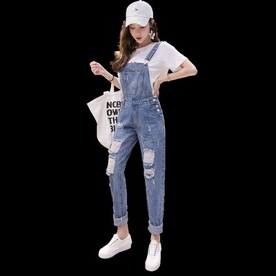 学生破洞九分牛仔背带裤女2025春秋新款减龄宽松连体牛仔直筒长裤