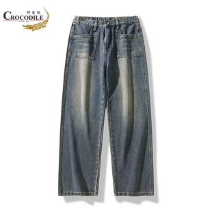 Crocodile/鳄鱼恤宽松牛仔裤春秋季美式高街复古水洗直筒裤阔腿裤