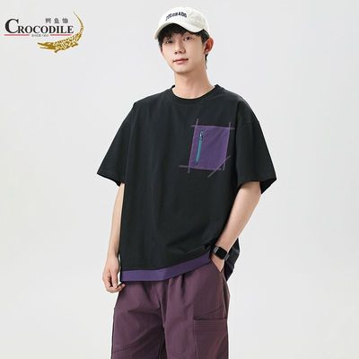 Crocodile/鳄鱼恤夏季拼色口袋T恤男宽松情侣休闲上衣