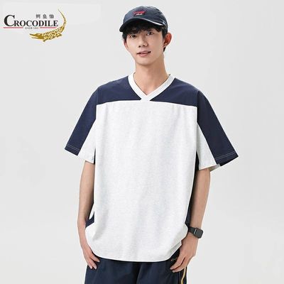 Crocodile/鳄鱼恤桃心拼接撞色短袖t恤男款夏季重磅高街短袖