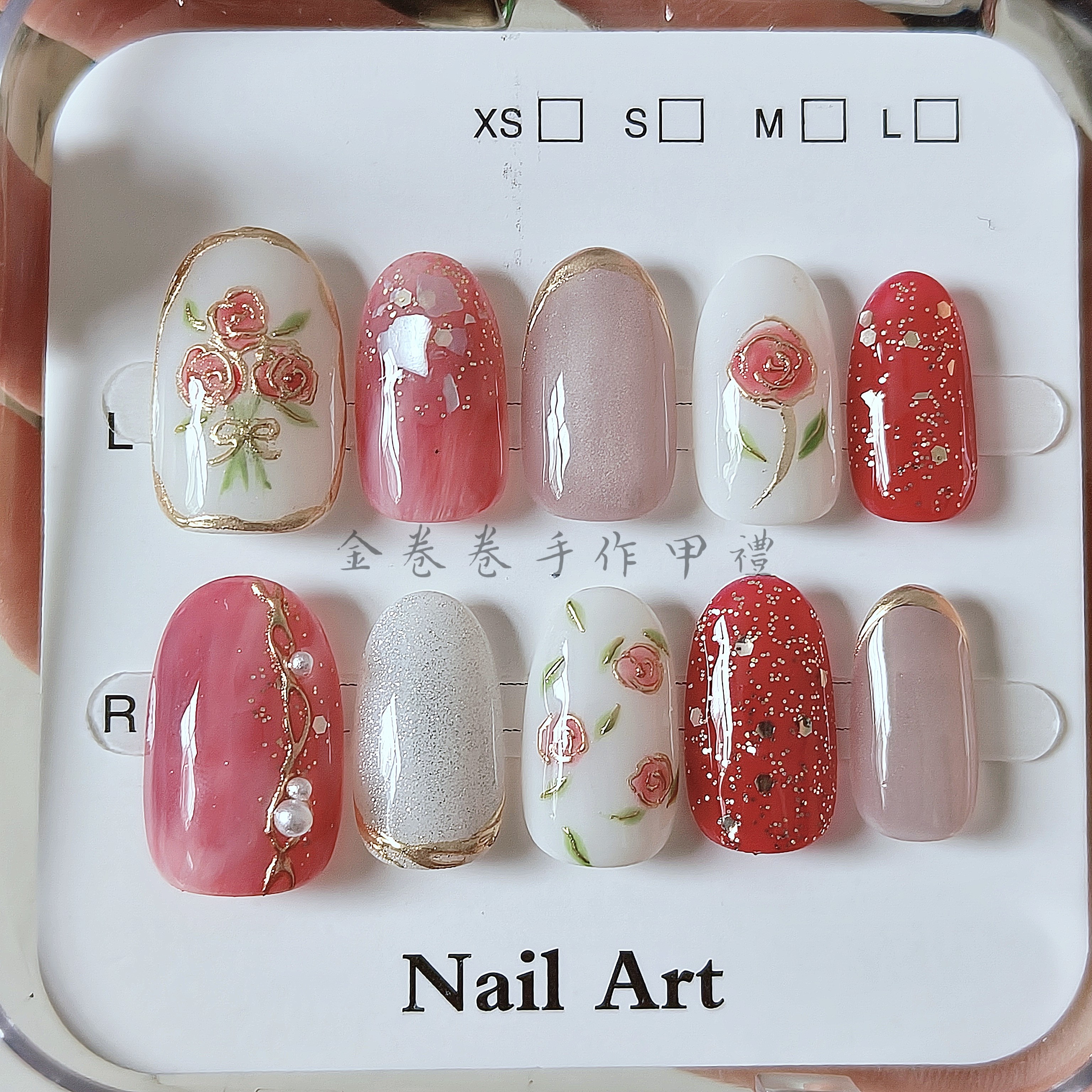 新年红色系美甲浪漫鎏金玫瑰显白手绘温柔风纯手工穿戴甲高级感,彩妆/香水/美妆工具,穿戴甲/甲片,淘宝优惠券,粉丝福利购,淘宝优惠卷