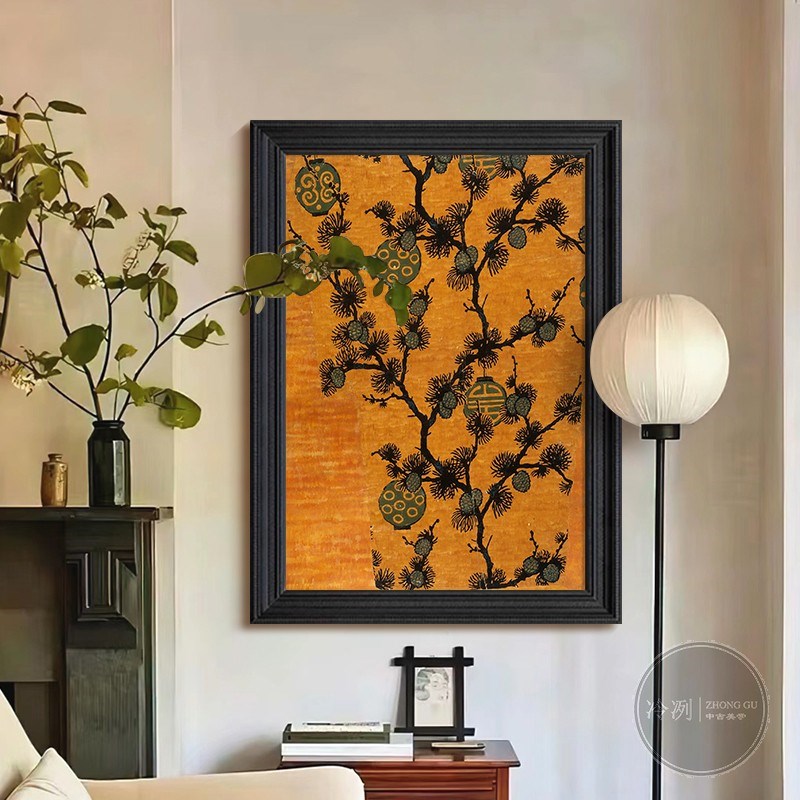 法式中国风客厅餐厅松树植物装饰画复古灯笼挂画入户玄关手绘油画图片