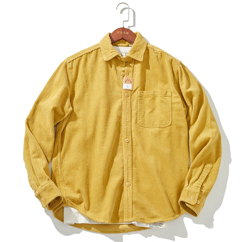 男装秋冬新款上衣复古重磅厚款长袖粗间隔条纹灯芯绒衬衫外套做旧