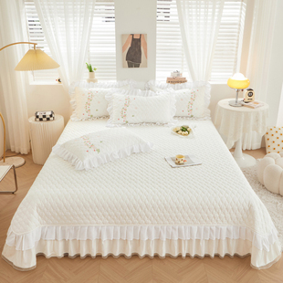 韩式花边纯色夹棉床盖件白色公主风榻榻米床铺盖三件套四季通用