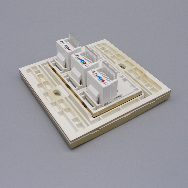 香槟金86型三位电脑插座面板3口RJ45超五类网络模块电脑宽带插座