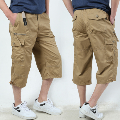 夏季工装七分裤男宽松加大码纯棉中裤多口袋裤头休闲短裤胖子马裤