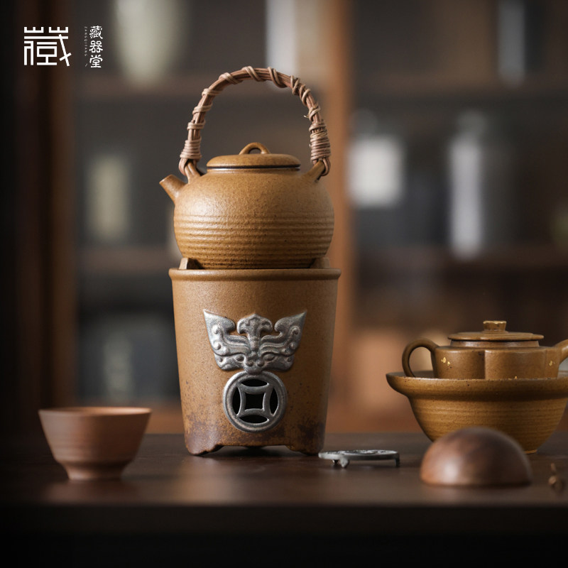 藏器堂 灰念酱釉圆融提梁壶兽面纹酒精温茶炉套组复古煮茶炉套组