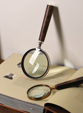 进口复古做旧黄铜实木把柄放大镜摆件样板间客厅卧室书房桌面装饰