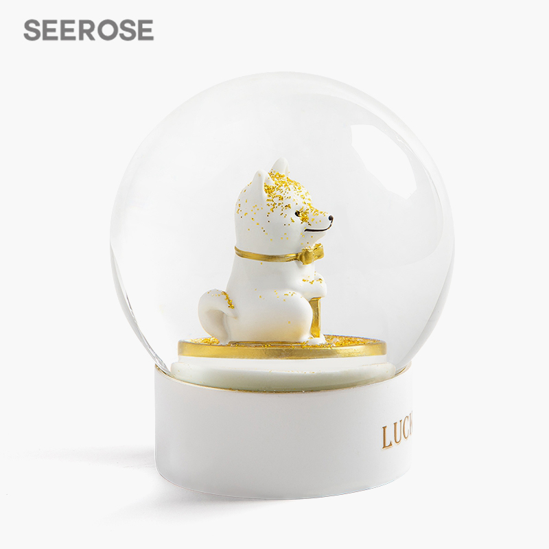 SEEROSE招财柴犬水晶球幸运儿狗公仔办公室摆件朋友开业生日礼物