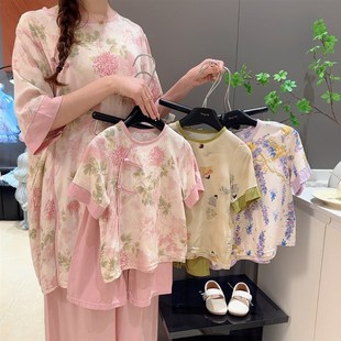 YL017宜 新款 女童国风莫奈花园轻薄碎花棉绸裙盘扣套装 2025夏季