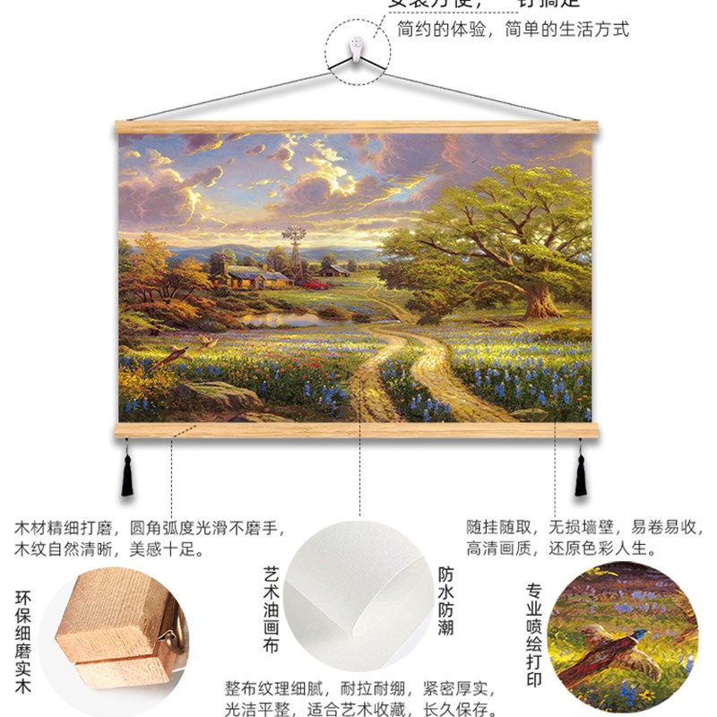 欧式风景油画实木布艺挂画山水画聚宝盆客厅沙发装饰画免打孔墙画图片