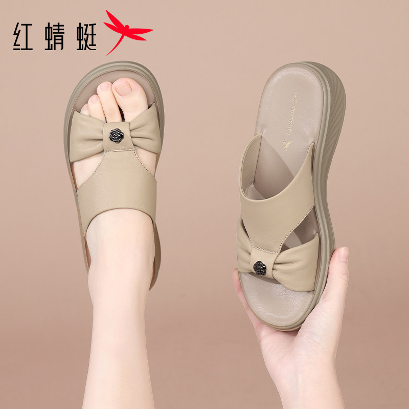 红蜻蜓2026新款真皮羊皮夏季凉拖鞋一字拖女外穿软底防滑妈妈凉鞋