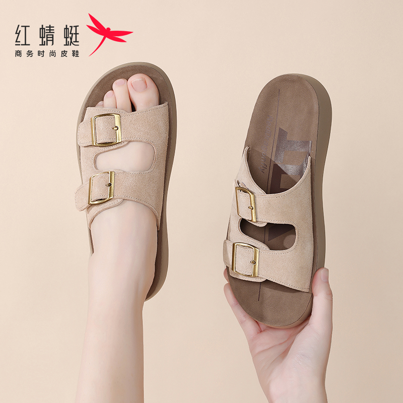 红蜻蜓真皮平底勃肯凉拖鞋女外穿
