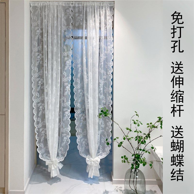 免打孔蕾丝门帘短帘隔断魔术贴穿杆定制法式白色镂空纱飘窗橱窗纱,居家布艺,定制窗帘,淘宝优惠券,粉丝福利购,淘宝优惠卷