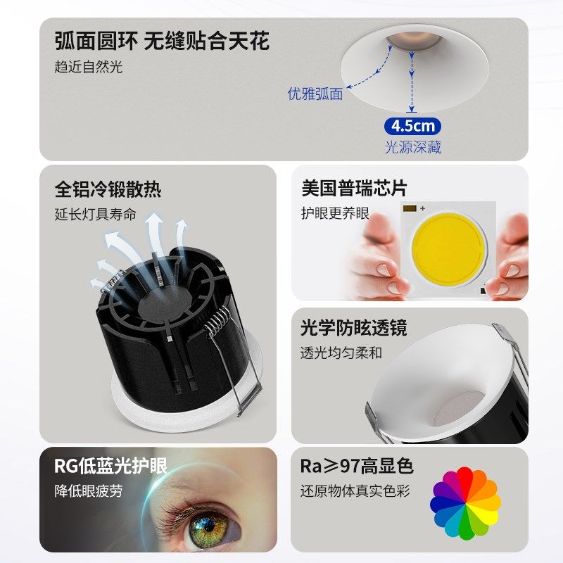 无边框筒灯75mm嵌入式弧面射灯55开孔防眩家用非预埋小山丘洗墙灯,家装灯饰光源,嵌入式射灯,淘宝优惠券,粉丝福利购,淘宝优惠卷