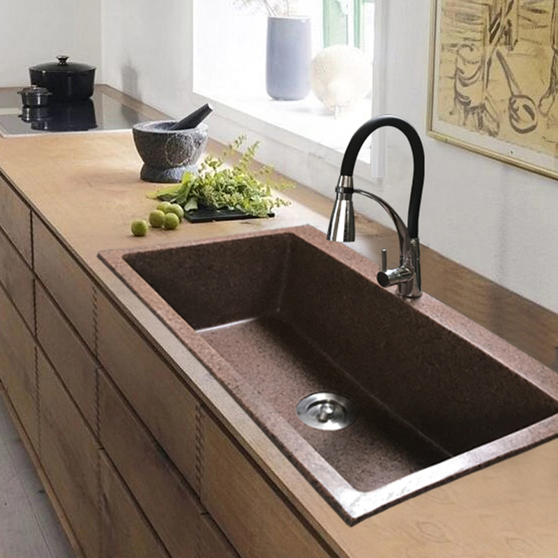 咖啡色晶面石英石大单槽厨房洗菜盆洗碗池手工高含量花岗岩水槽
