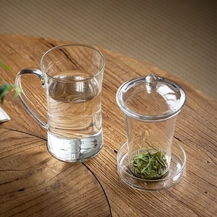 耐热玻璃茶杯带把手绿茶杯大容量家用透明杯子带盖茶水分离杯