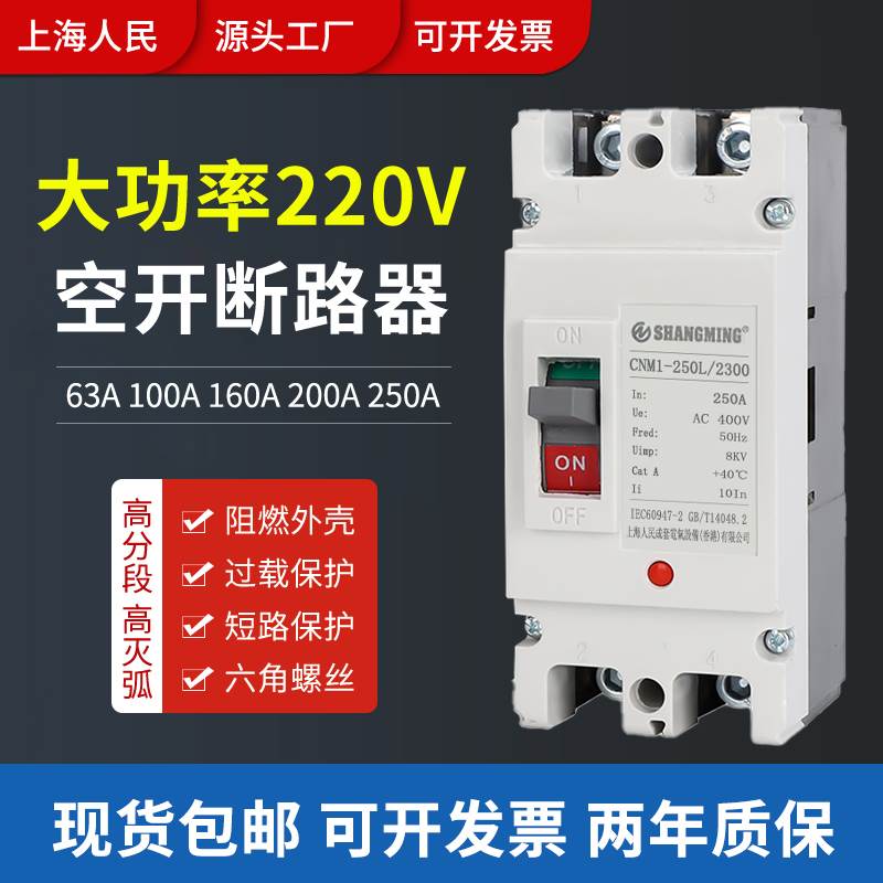 上海人民大功率空气开关220V断路器2P家用空开闸刀63A80A160A250A