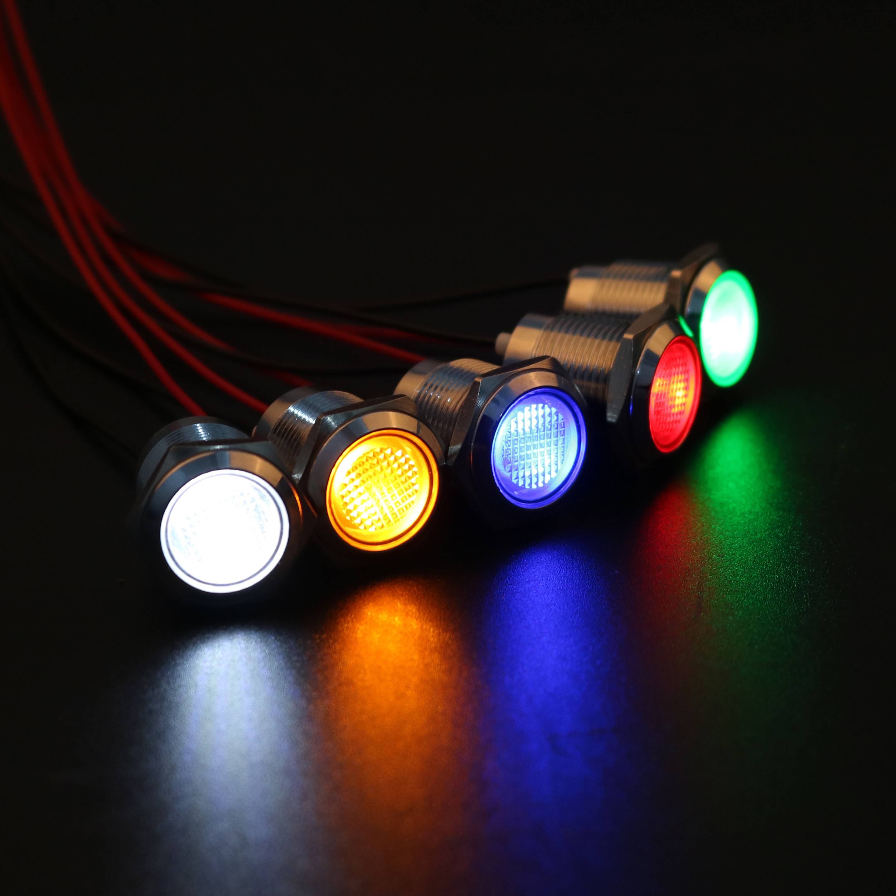 16mm金属指示灯带线LED七彩闪光爆闪防水5v12v24v220v电源信号灯