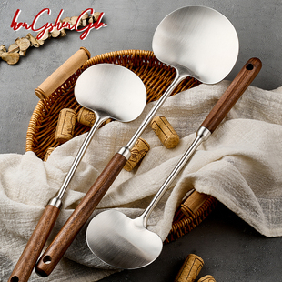 通体316L不锈钢蘑菇铲厨房锅铲胡桃木柄把家用炒勺炒菜铲子