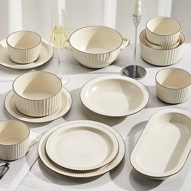 复古奶油风碗碟套装家用陶瓷餐具2024新款碗盘子乔迁新居碗筷组合,餐饮具,碗,淘宝优惠券,粉丝福利购,淘宝优惠卷