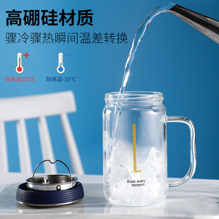 可爱简约玻璃杯女办公室家用泡茶杯带把手柄带盖网红喝水杯子女款