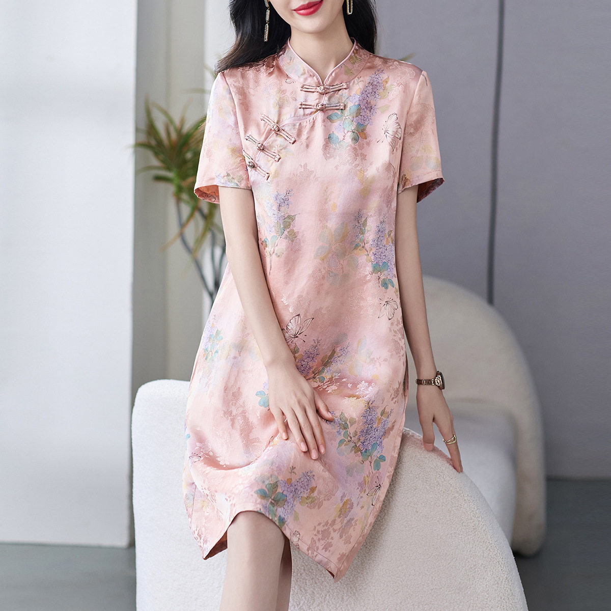 69576 深圳南油小个子紫色中国风香云纱旗袍连衣裙女装夏高级感