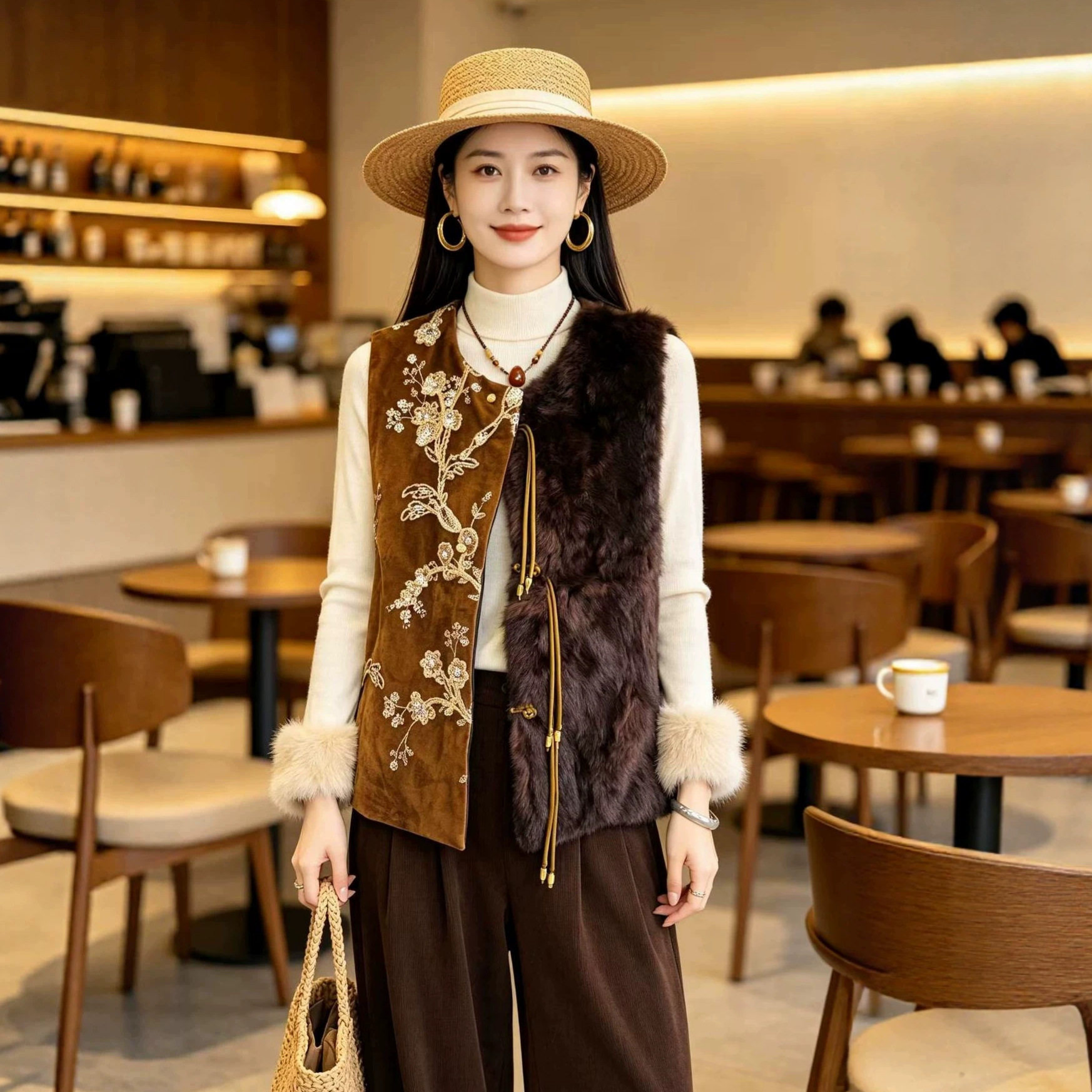 2026新款新中式国风女装古法绣钉珠拼接兔毛马甲复古坎肩加厚外套