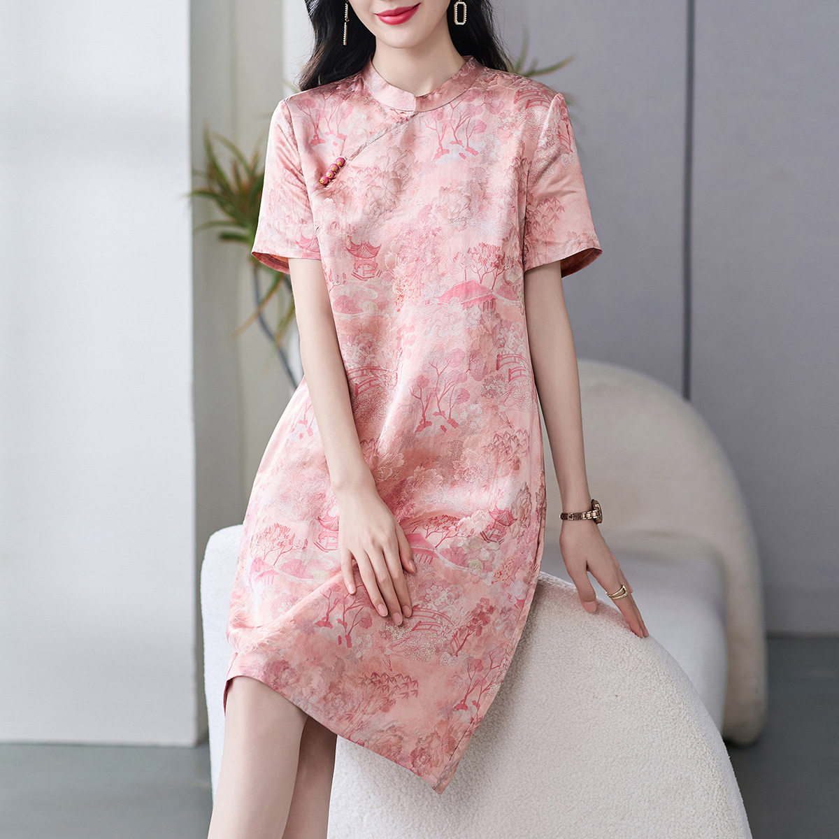 69573  新款中国风小个子人丝香云纱连衣裙显瘦女装夏高级感旗袍