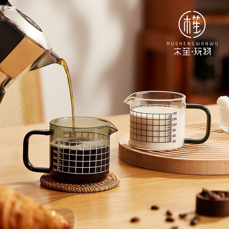 木笙玩物玻璃奶盅木柄量杯带刻度奶罐双嘴萃取咖啡shot杯盎司杯子
